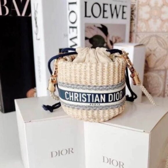 Dior Beige and Navy Woven Bucket Bag - Picture 8 of 14